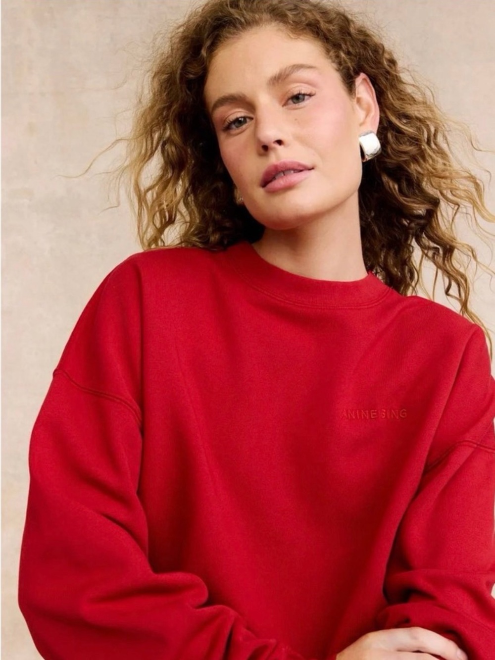 ANINE BING Miles Sweatshirt Washed Red Tonal Logo Oversized Crewneck Size M